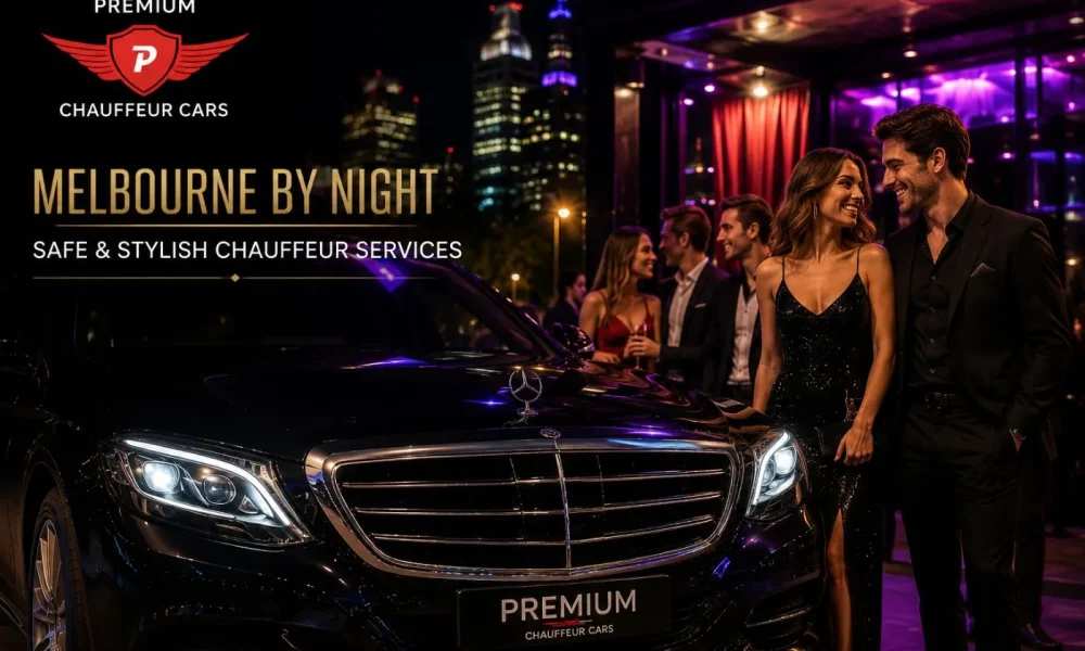 Premium Chauffeur Cars luxury black Mercedes sedan parked outside a Melbourne nightclub at night, with stylishly dressed people entering the car, highlighting safe and stylish night chauffeur services in Melbourne.